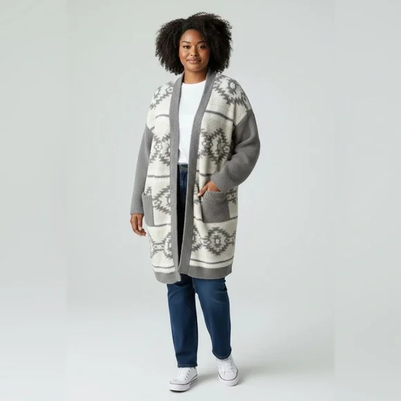 Simply Southern XXL Long Line Cardigan Southwestern Geometric Duster Soft Fuzzy - Picture 1 of 14